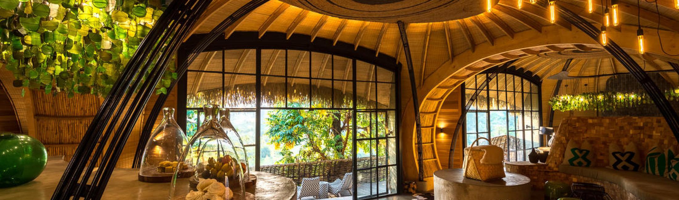 Interiors of Bisate Lodge pay homage to traditional Rwandan culture.