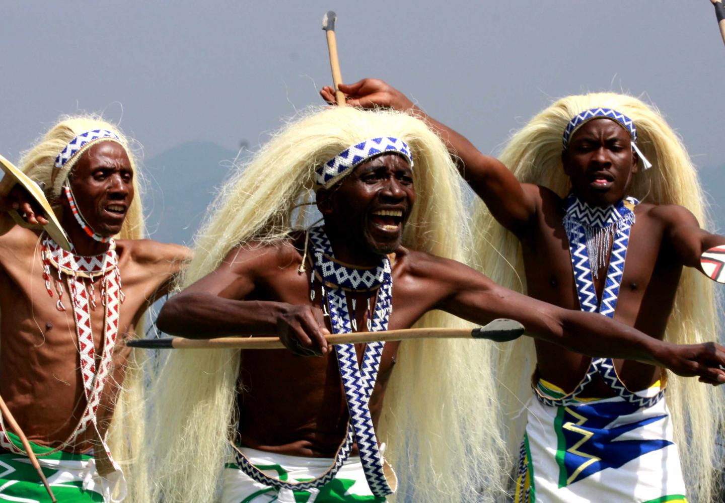 Performance Intore dancers with spear and traditional outfit (Rwanda)