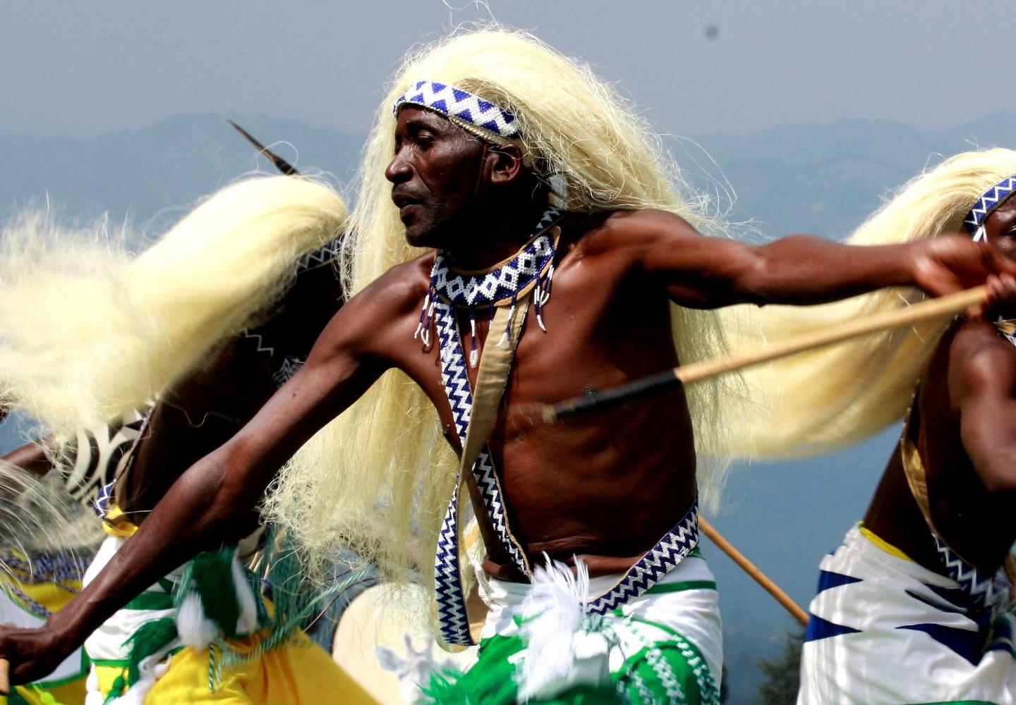 Performance Intore dancers with spear and traditional outfit (Rwanda)